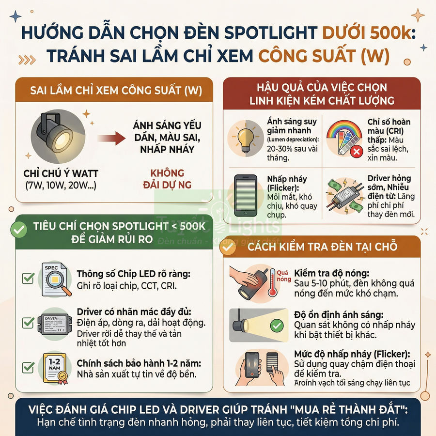 Hướng dẫn chọn đèn spotlight LED giá rẻ dưới 500k, tiêu chí chọn chip, driver và cách kiểm tra chất lượng