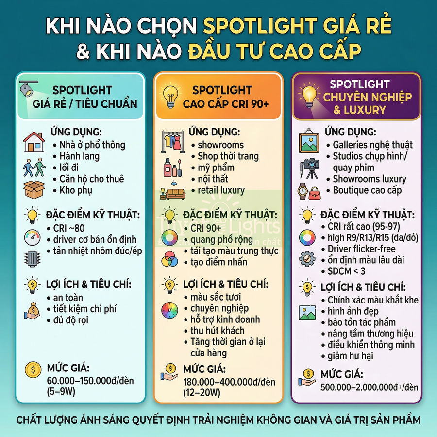 Bảng so sánh các loại đèn spotlight giá rẻ, cao cấp CRI 90+ và spotlight chuyên nghiệp luxury cùng ứng dụng, đặc điểm, mức giá