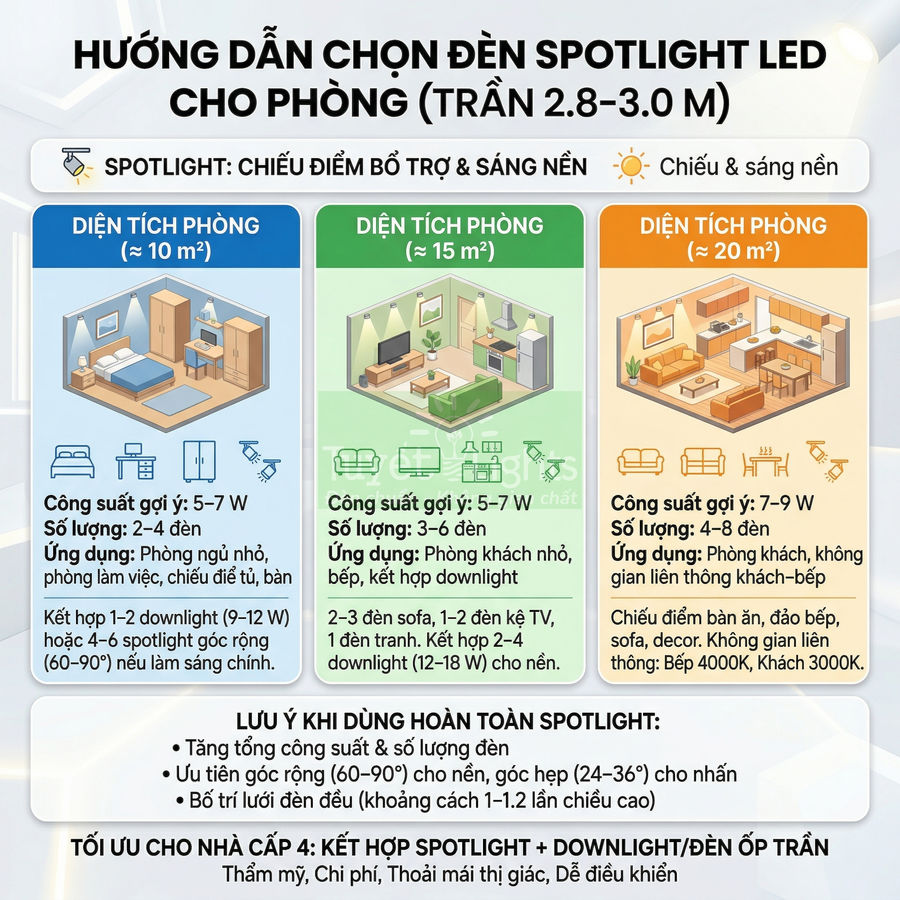 Hướng dẫn chọn đèn spotlight LED cho phòng trần 2.8–3m theo diện tích và công suất gợi ý