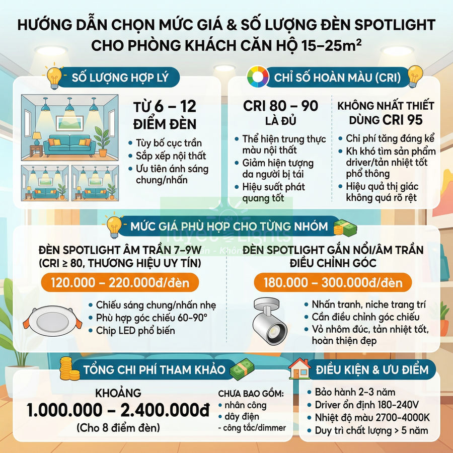 Infographic hướng dẫn chọn số lượng và giá đèn spotlight cho phòng khách căn hộ 15–25m2