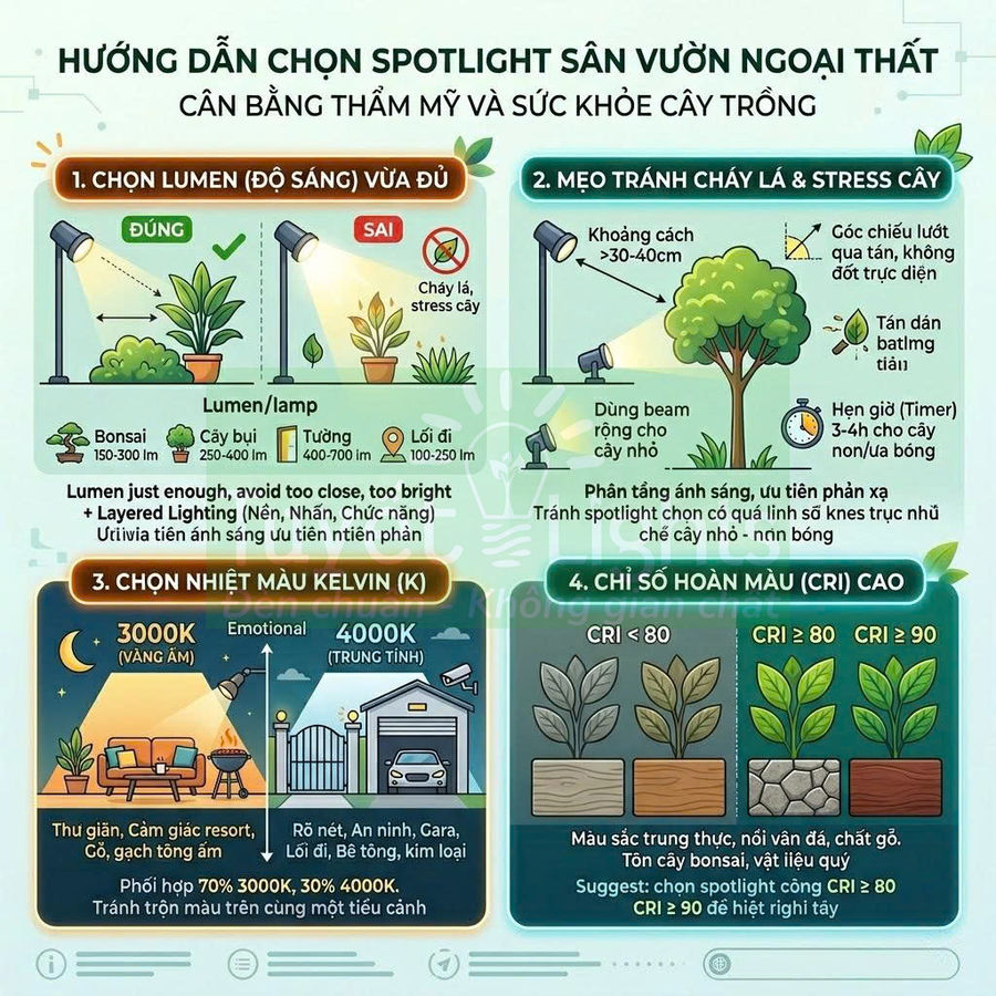 Infographic hướng dẫn chọn đèn spotlight sân vườn ngoài trời cân bằng ánh sáng và bảo vệ sức khỏe cây trồng
