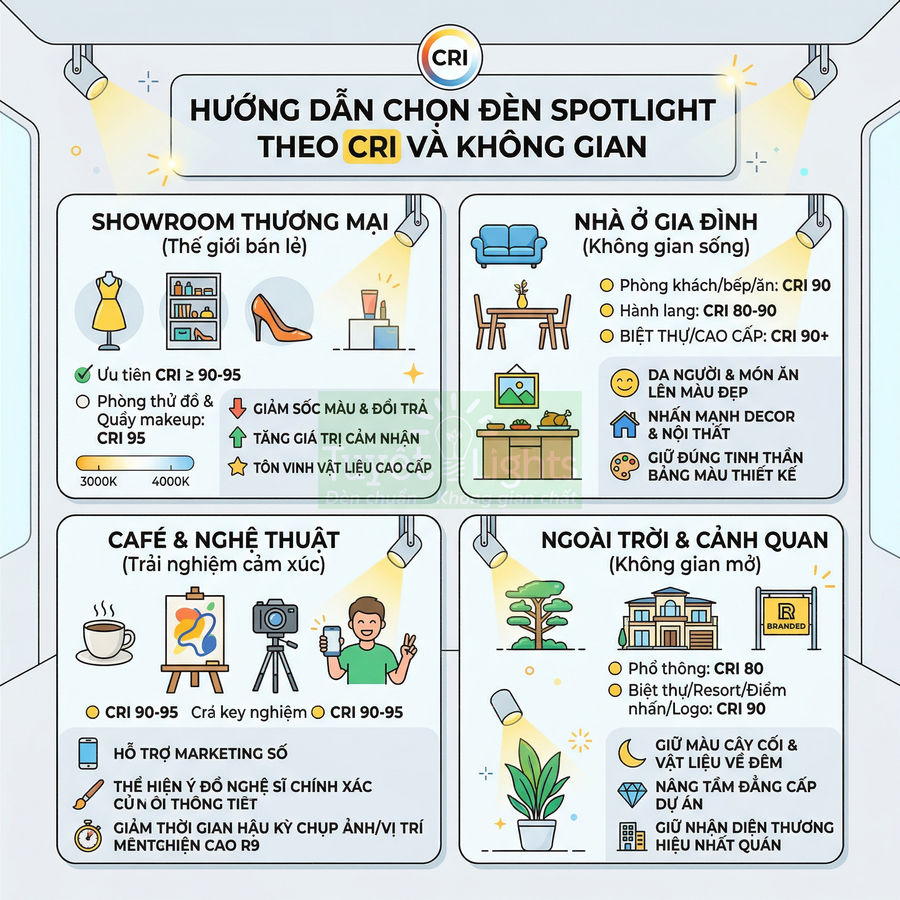 Hướng dẫn chọn đèn spotlight theo chỉ số CRI cho showroom, nhà ở, quán cà phê và không gian ngoài trời