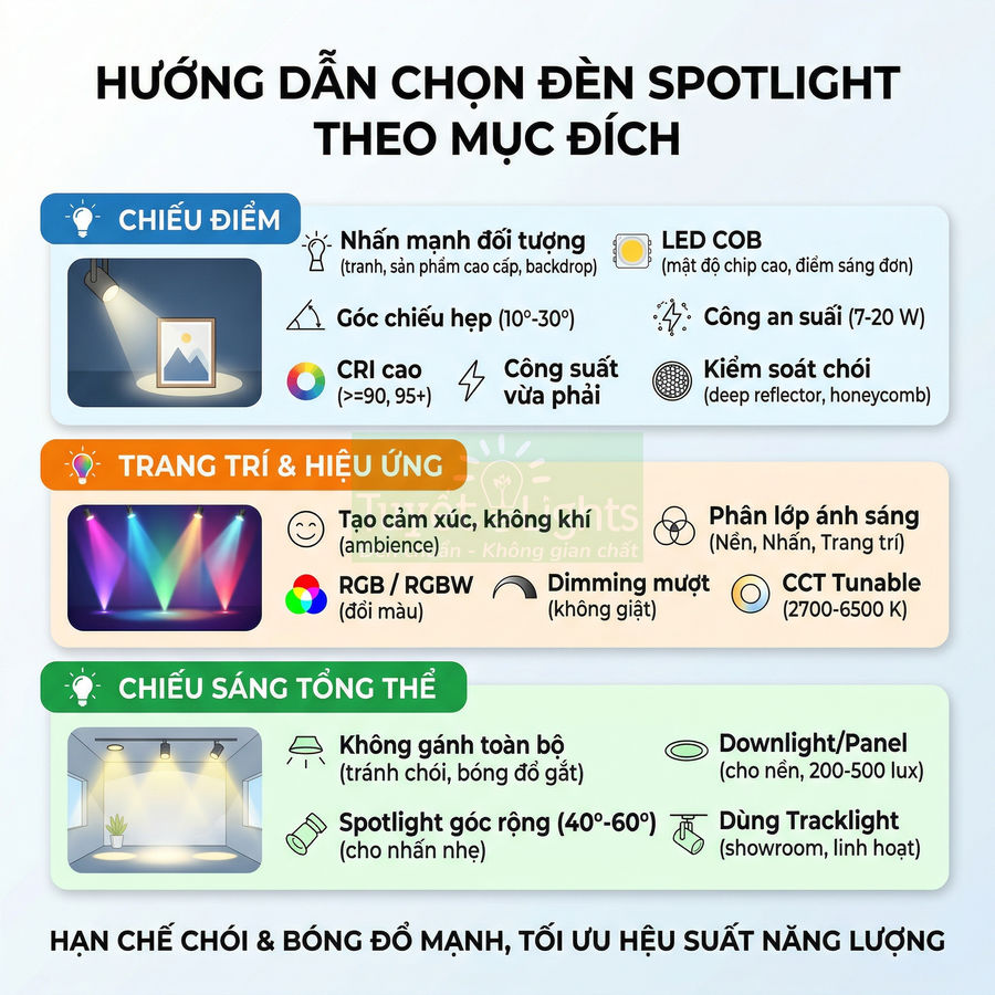 Hướng dẫn chọn đèn spotlight theo mục đích chiếu điểm, trang trí hiệu ứng và chiếu sáng tổng thể