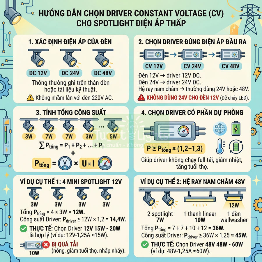 Hướng dẫn chọn driver constant voltage cho đèn spotlight điện áp thấp DC 12V 24V 48V