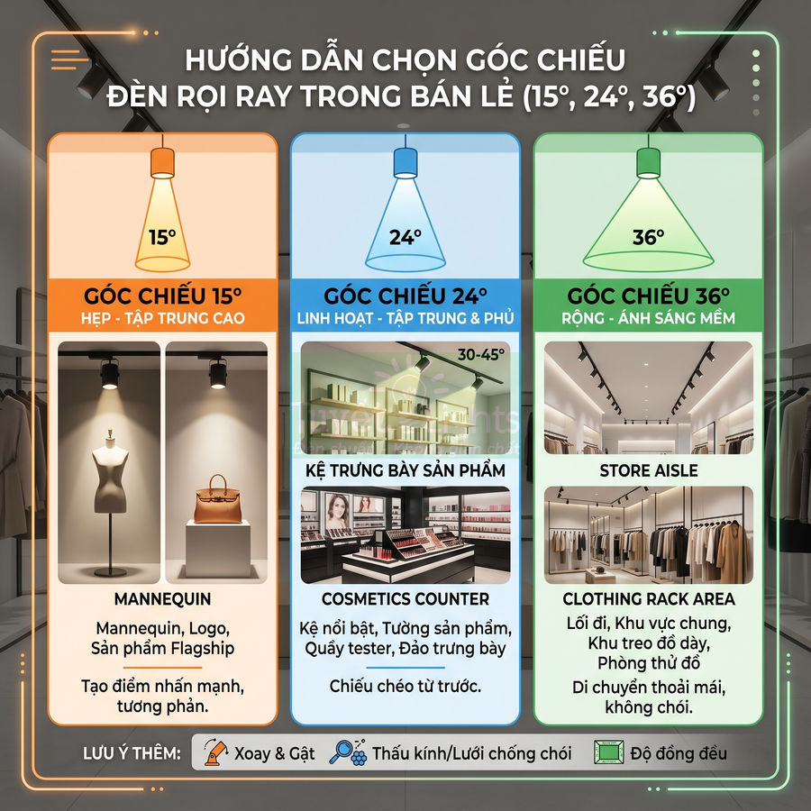 Hướng dẫn chọn góc chiếu đèn rọi ray 15 24 36 độ cho cửa hàng thời trang và quầy mỹ phẩm