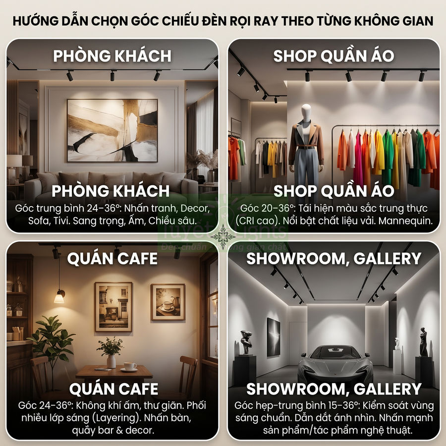Hướng dẫn chọn góc chiếu đèn rọi ray cho phòng khách, shop quần áo, quán cafe, showroom gallery