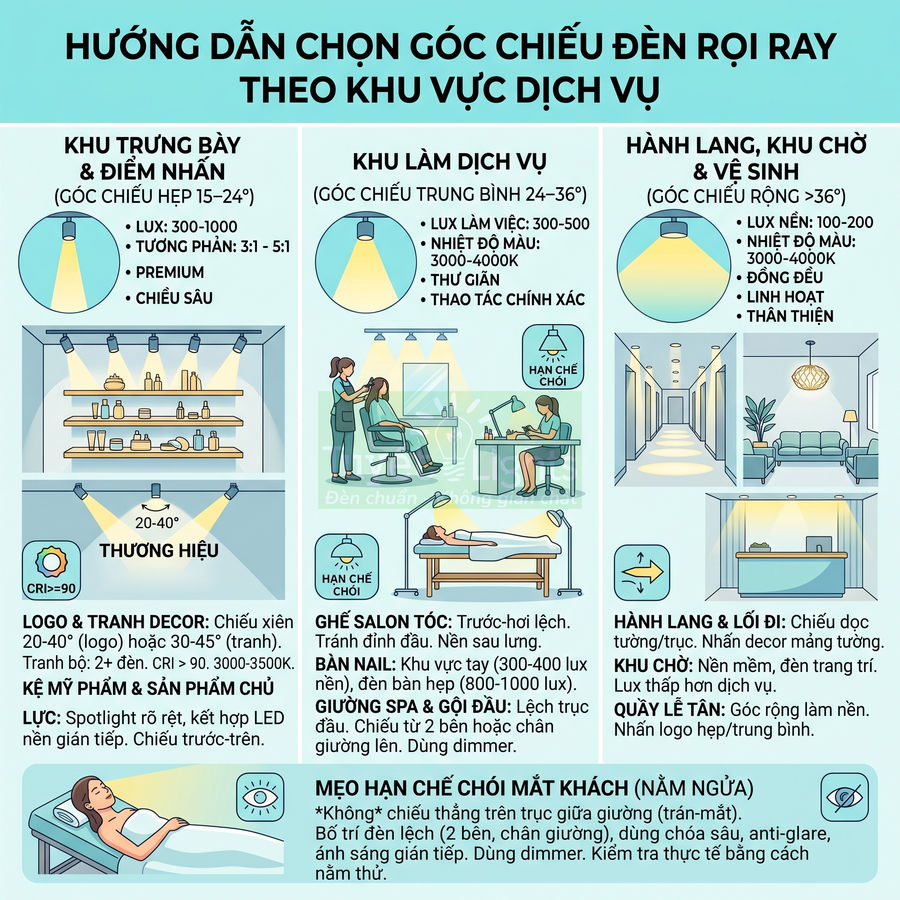 Hướng dẫn chọn góc chiếu đèn rọi ray cho khu trưng bày, salon dịch vụ, hành lang và khu chờ