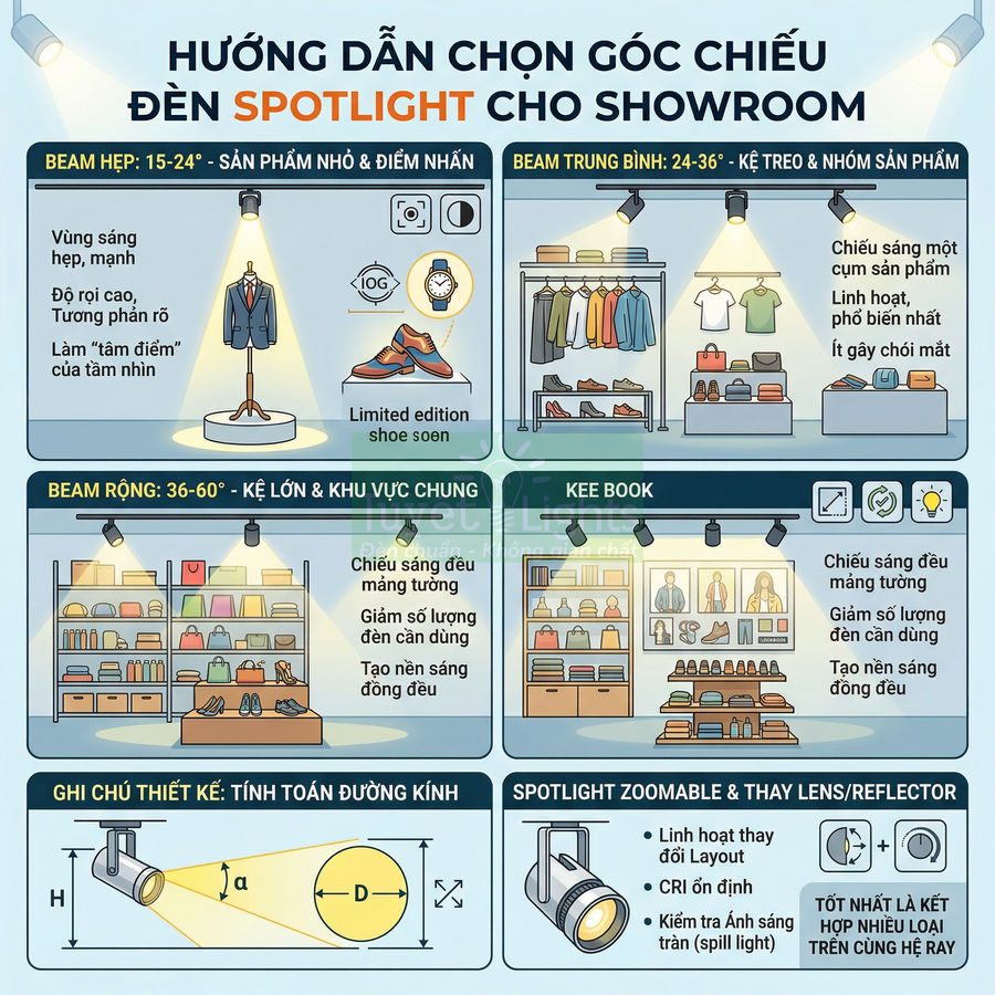 Hướng dẫn chọn góc chiếu đèn spotlight cho showroom thời trang với các loại kệ trưng bày khác nhau
