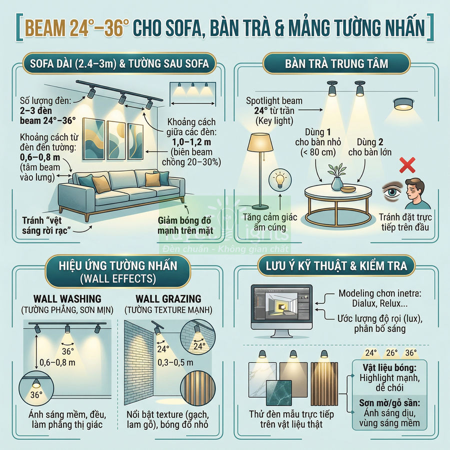 Infographic hướng dẫn bố trí đèn rọi ray và spotlight cho sofa, bàn trà và mảng tường nhấn trong phòng khách