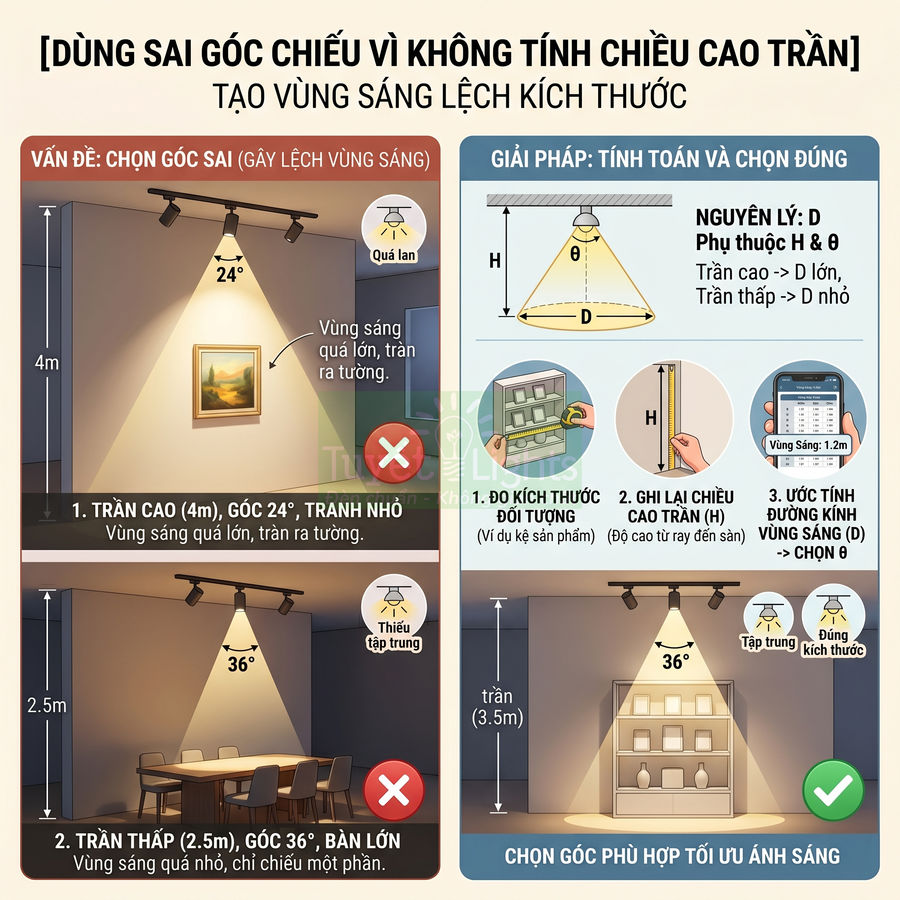 Hướng dẫn chọn góc chiếu đèn rọi trần để tạo vùng sáng chuẩn cho tranh treo tường và kệ trưng bày