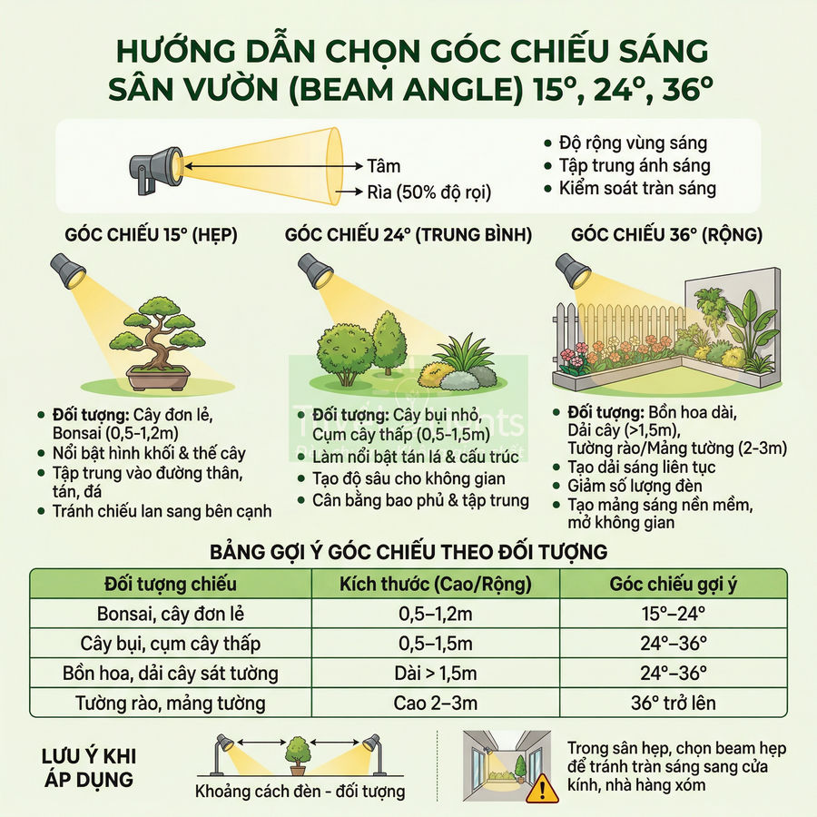Hướng dẫn chọn góc chiếu sáng đèn sân vườn 15 24 36 độ cho bonsai cây bụi bồn hoa và tường rào