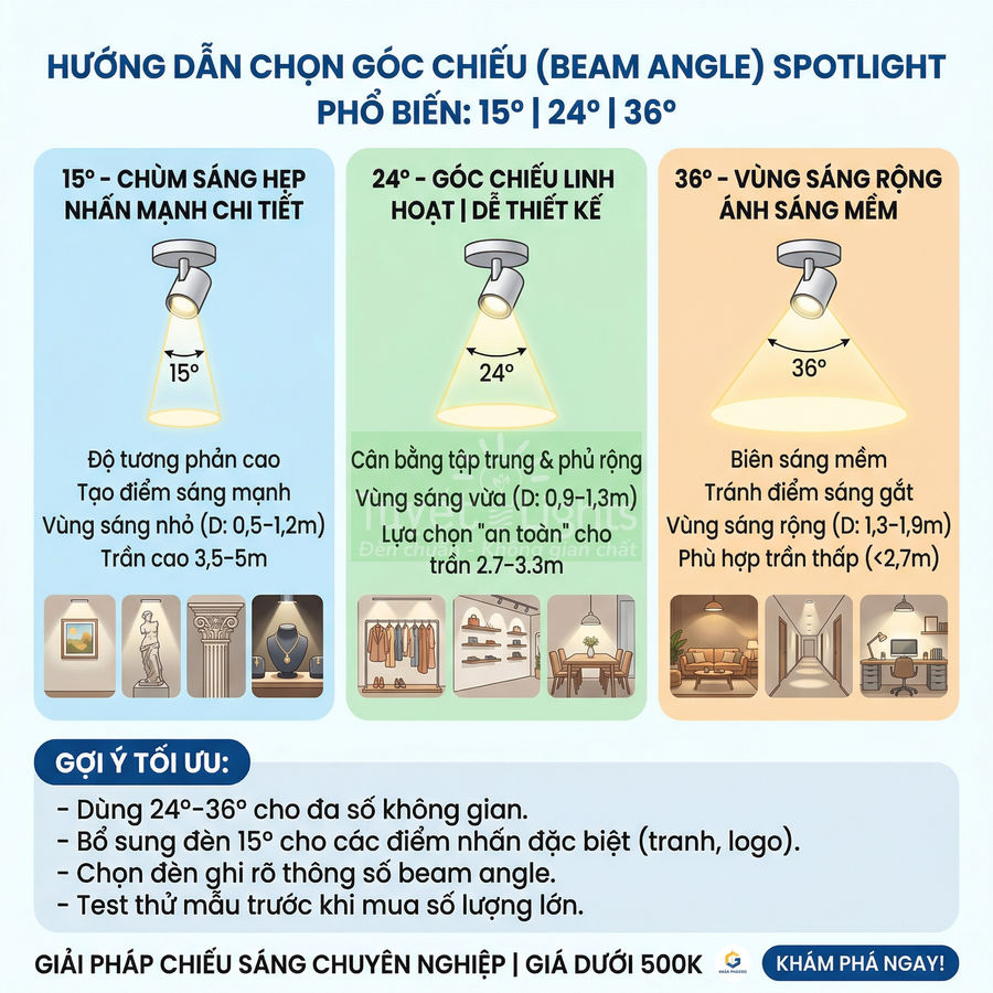 Hướng dẫn chọn góc chiếu đèn spotlight 15 24 36 độ cho các không gian nội thất