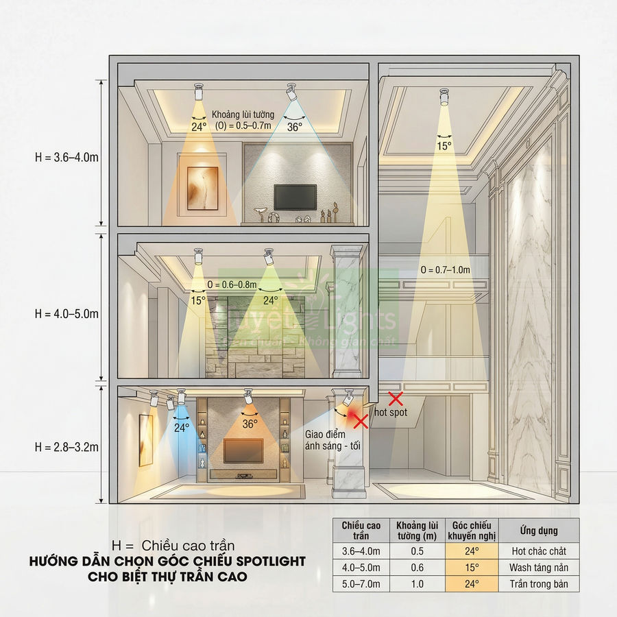 Sơ đồ hướng dẫn chọn góc chiếu đèn spotlight âm trần cho biệt thự trần cao