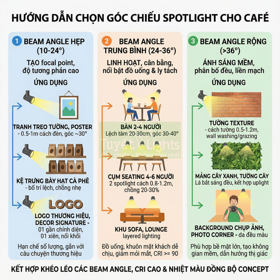 Hướng dẫn chọn góc chiếu đèn spotlight cho quán cà phê với beam angle hẹp, trung bình và rộng cùng ứng dụng cụ thể