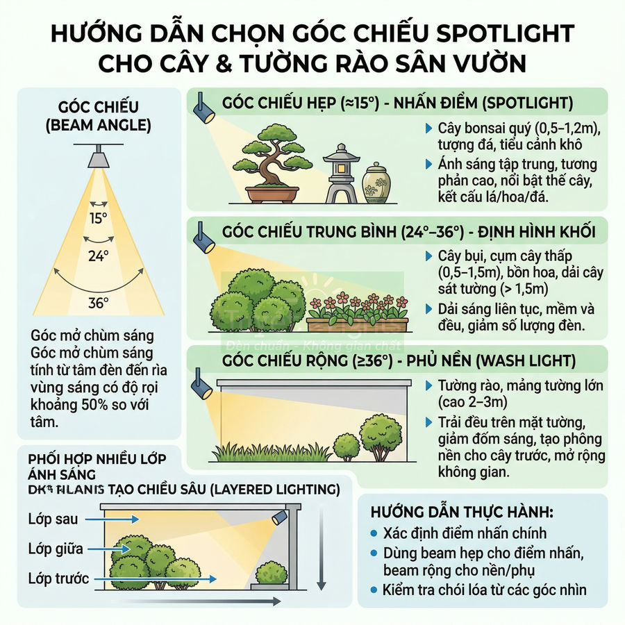 Hướng dẫn chọn góc chiếu đèn spotlight cho cây cảnh và tường rào sân vườn, minh họa các loại beam angle khác nhau