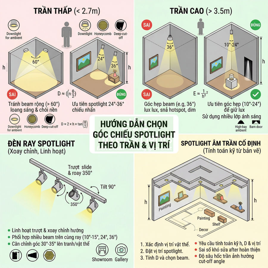 Hướng dẫn chọn góc chiếu đèn spotlight âm trần và đèn ray cho trần thấp, trần cao và từng vị trí chiếu sáng