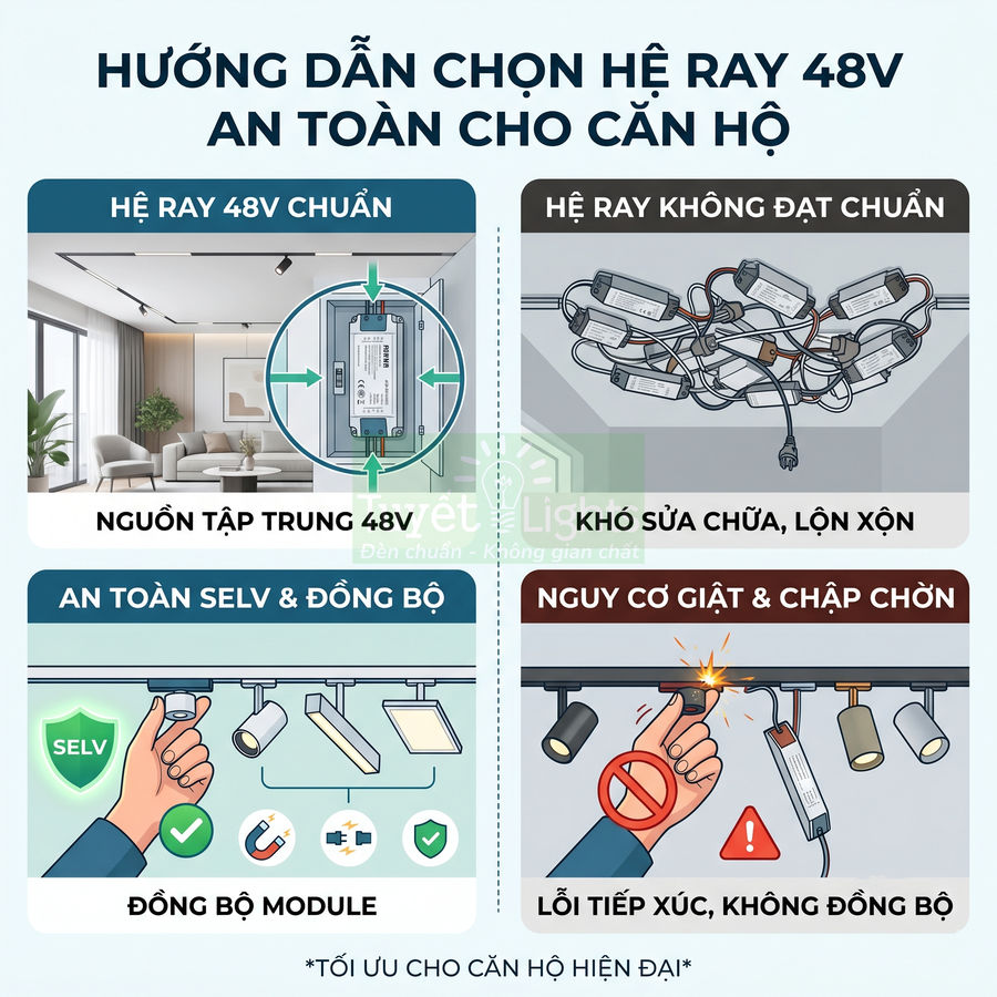 Hướng dẫn so sánh hệ ray đèn 48V chuẩn an toàn với hệ ray không đạt chuẩn cho căn hộ hiện đại