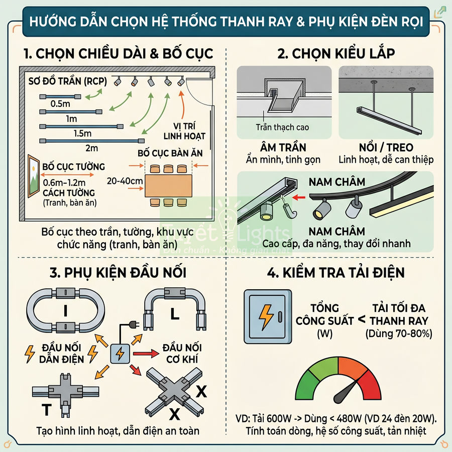 Hướng dẫn chọn hệ thống thanh ray và phụ kiện đèn rọi trần nhà bằng hình minh họa chi tiết