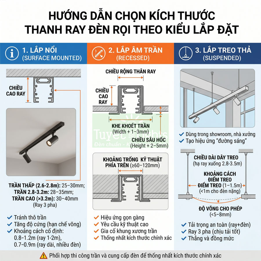 Hướng dẫn chọn kích thước thanh ray đèn rọi theo kiểu lắp nổi, lắp âm trần và lắp treo thả