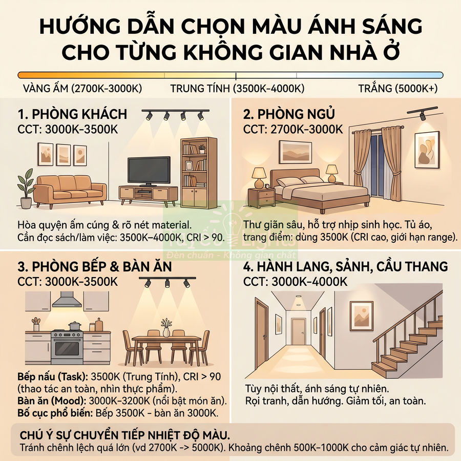 Hướng dẫn chọn màu ánh sáng đèn LED cho phòng khách, phòng ngủ, bếp, hành lang trong nhà ở theo nhiệt độ màu