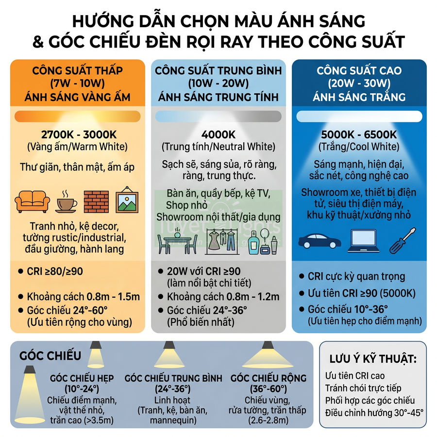 Hướng dẫn chọn màu ánh sáng và góc chiếu cho đèn rọi ray theo công suất và không gian sử dụng