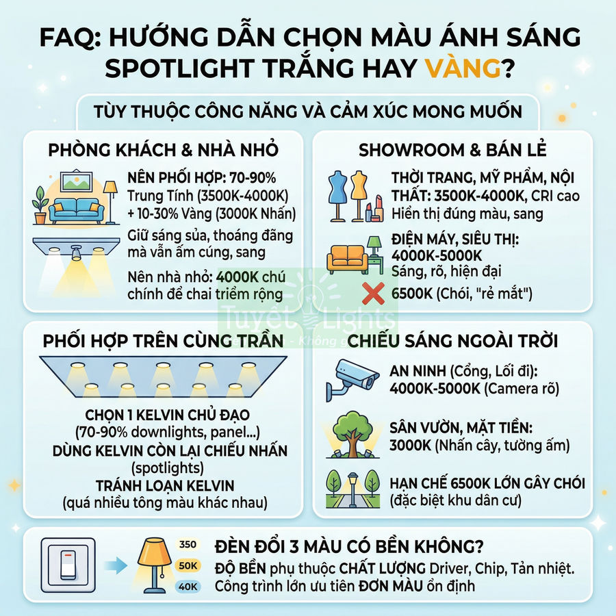 Infographic hướng dẫn chọn màu ánh sáng spotlight trắng hay vàng cho phòng khách, showroom và chiếu sáng ngoài trời