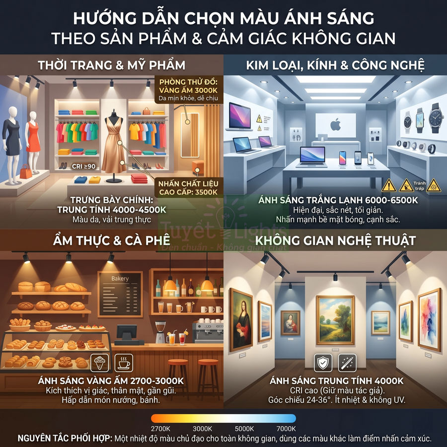 Hướng dẫn chọn màu ánh sáng cho thời trang, mỹ phẩm, ẩm thực, công nghệ và không gian nghệ thuật trong cửa hàng
