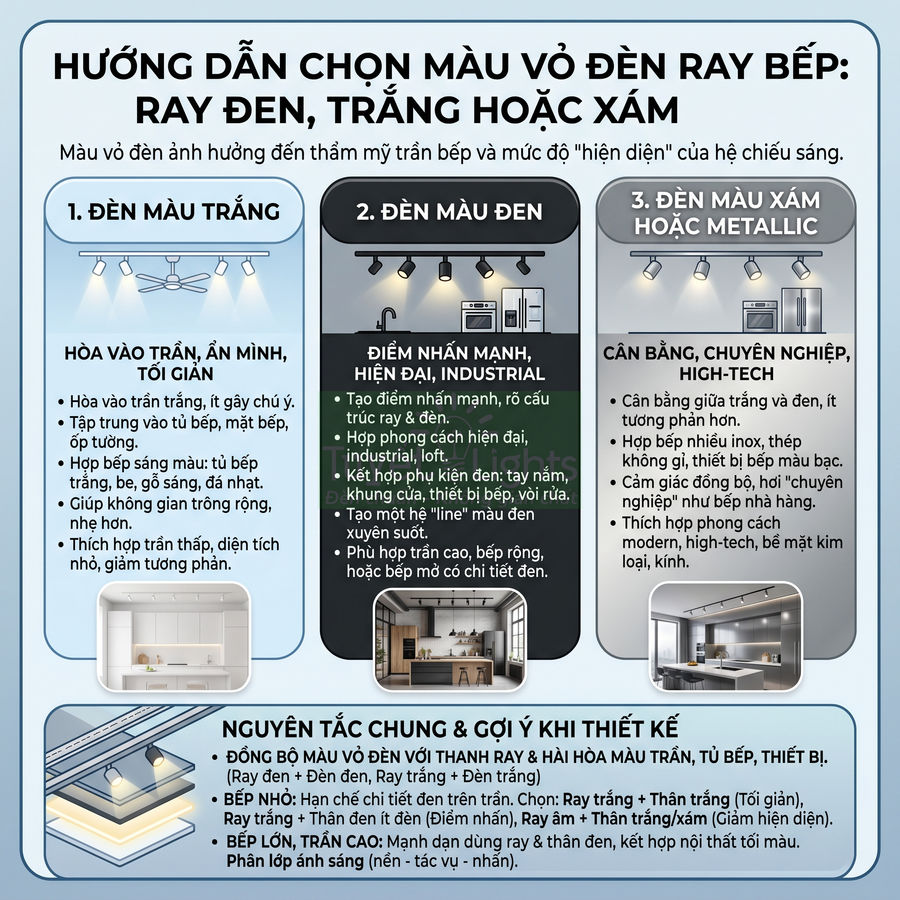Hướng dẫn chọn màu vỏ đèn ray bếp trắng đen xám với ví dụ lắp đặt đèn chiếu sáng cho tủ bếp và đảo bếp