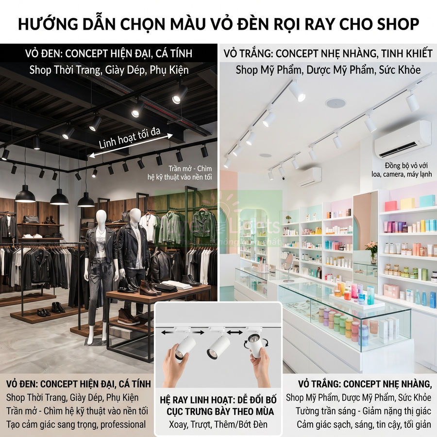Hướng dẫn chọn màu vỏ đèn rọi ray đen và trắng cho shop thời trang, mỹ phẩm, sức khỏe