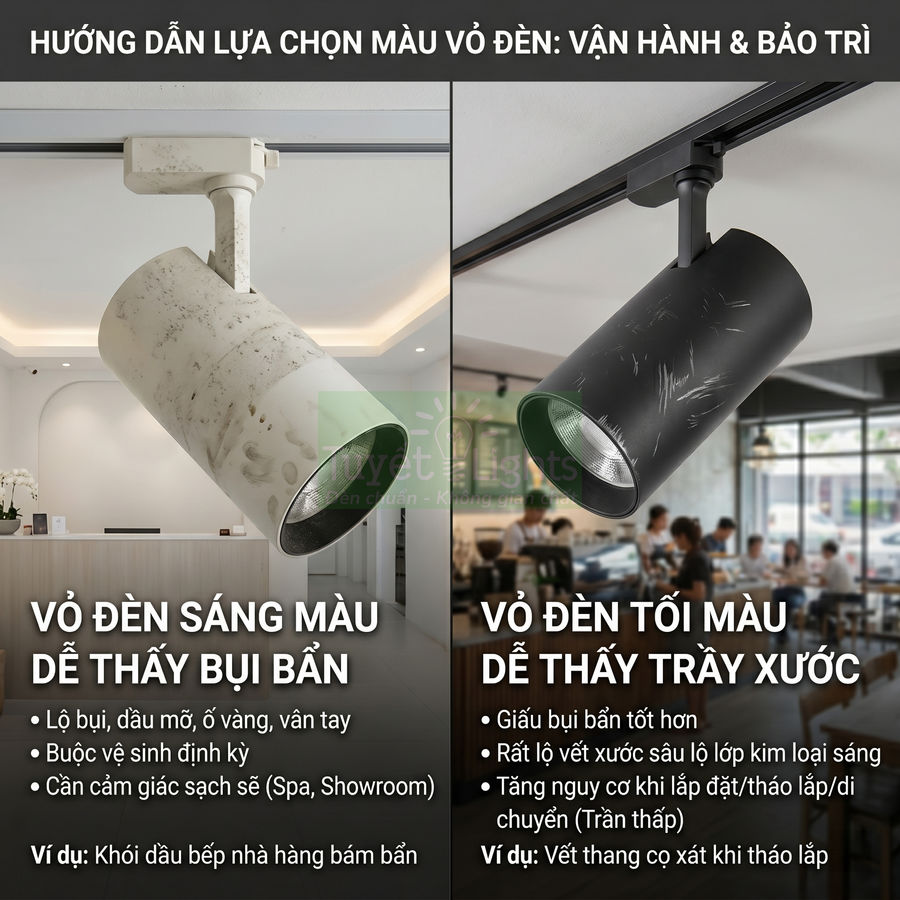So sánh đèn rọi ray vỏ trắng bám bẩn và đèn rọi ray vỏ đen trầy xước trong không gian nội thất