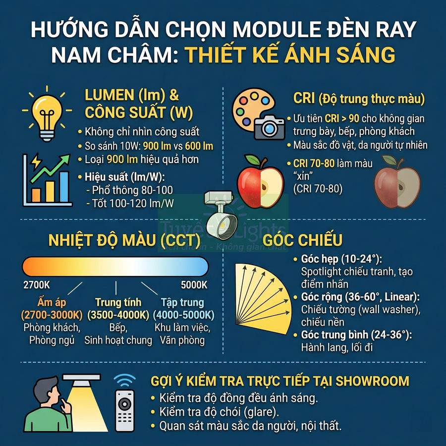 Infographic hướng dẫn chọn module đèn ray nam châm theo lumen, CRI, nhiệt độ màu và góc chiếu ánh sáng