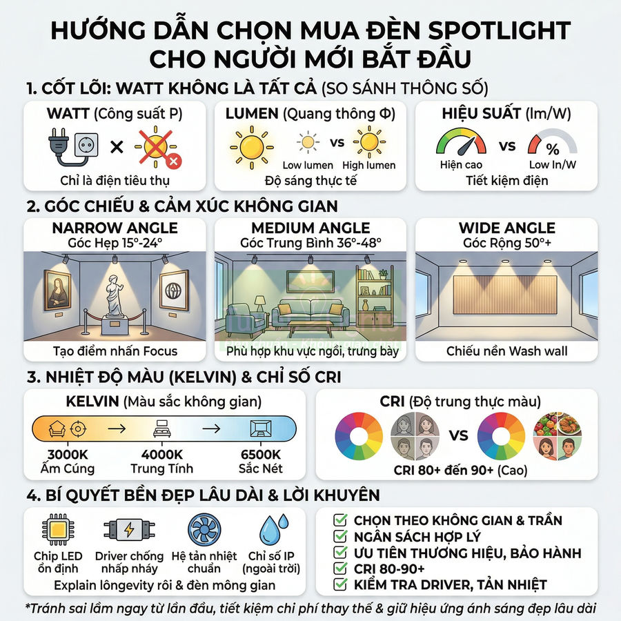 Hướng dẫn chọn mua đèn spotlight cho người mới với so sánh watt lumen góc chiếu nhiệt độ màu và chỉ số CRI