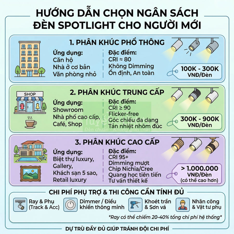 Hướng dẫn chọn ngân sách đèn spotlight cho người mới với ba phân khúc phổ thông, trung cấp và cao cấp