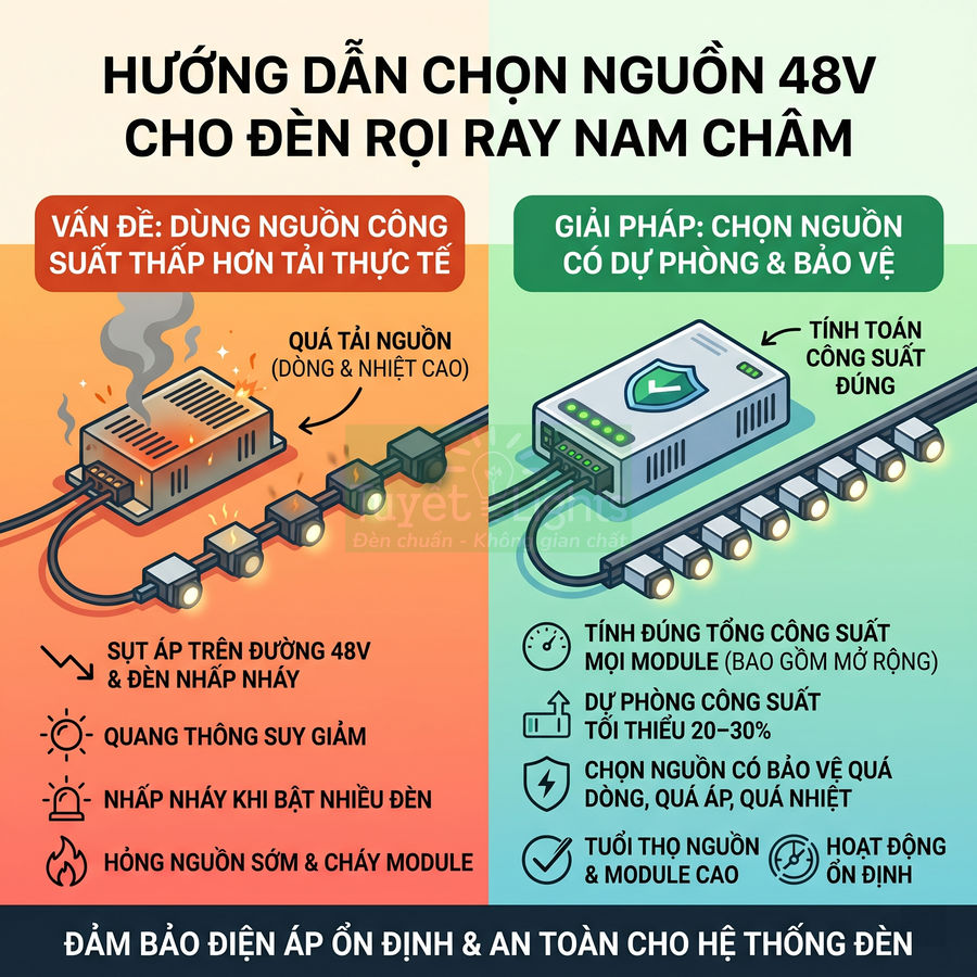 Hướng dẫn chọn nguồn 48V có dự phòng và bảo vệ cho hệ đèn rọi ray nam châm hoạt động ổn định