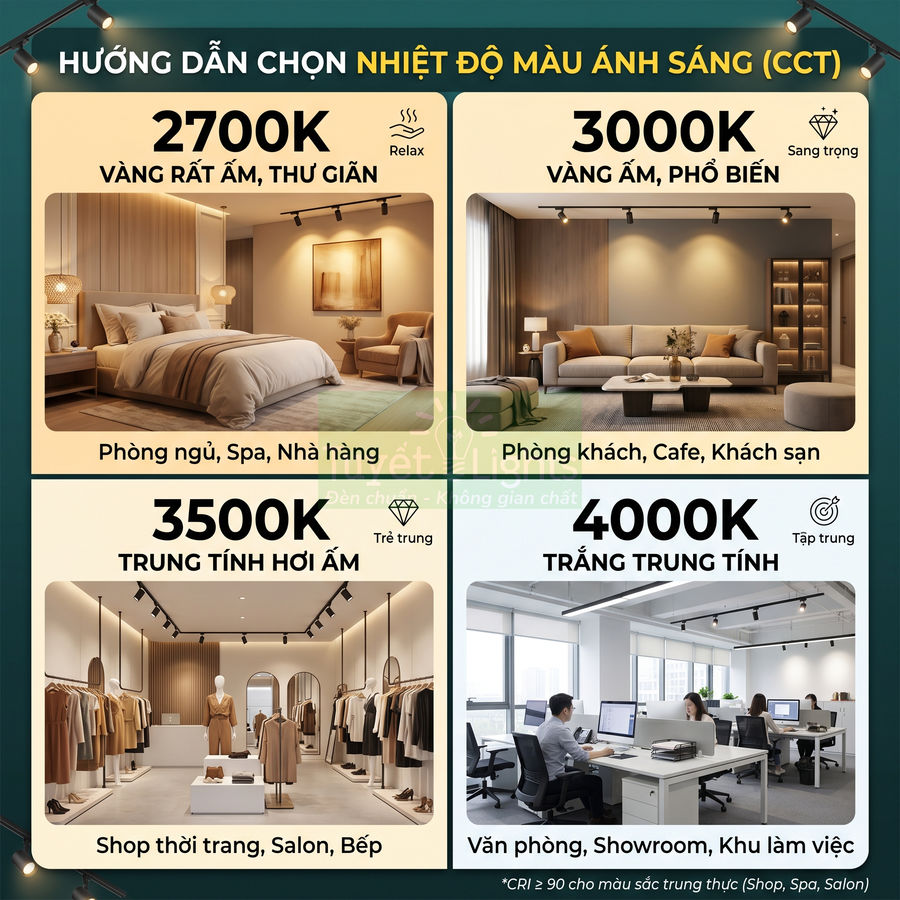 Hướng dẫn chọn nhiệt độ màu đèn LED 2700K 3000K 3500K 4000K cho phòng ngủ phòng khách shop và văn phòng