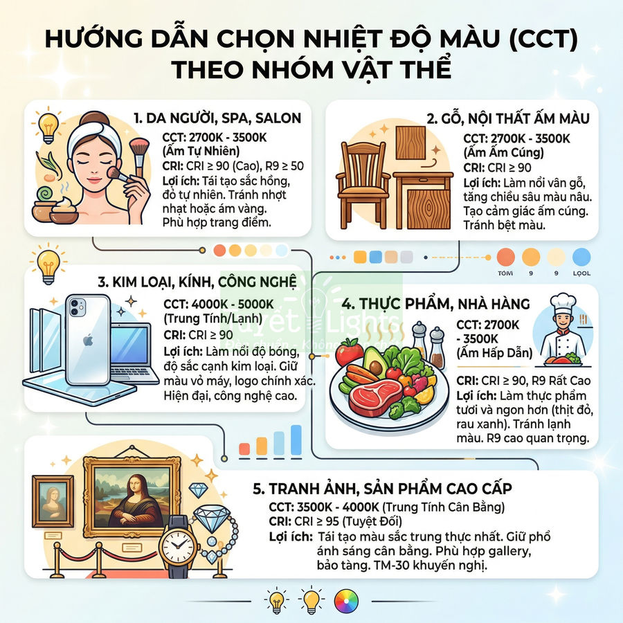 Infographic hướng dẫn chọn nhiệt độ màu CCT cho da người, gỗ nội thất, kim loại công nghệ, thực phẩm và tranh ảnh cao cấp