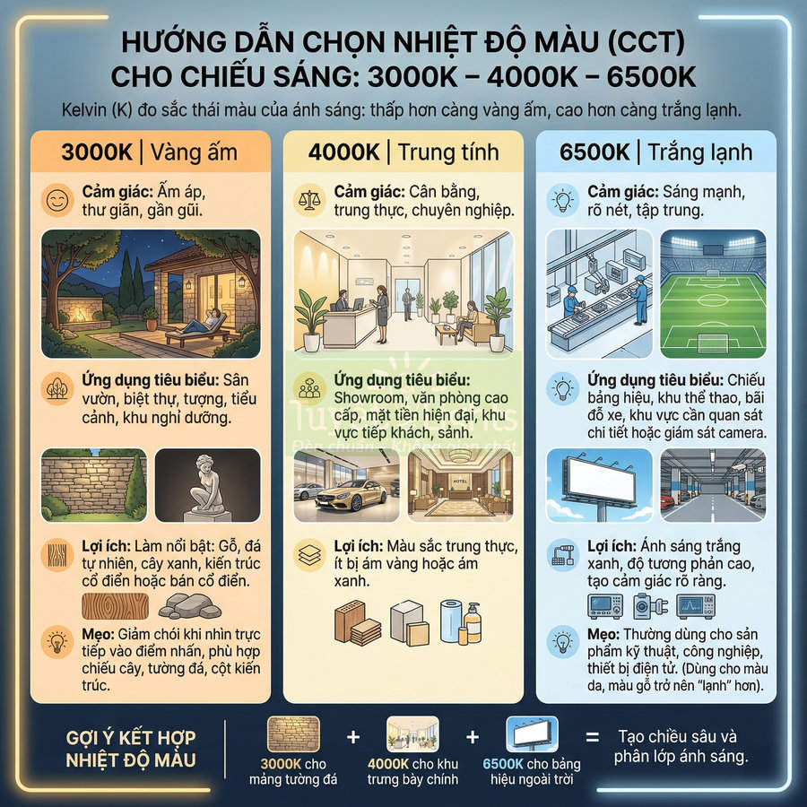 Hướng dẫn chọn nhiệt độ màu đèn LED 3000K 4000K 6500K cho chiếu sáng nhà ở văn phòng và ngoài trời