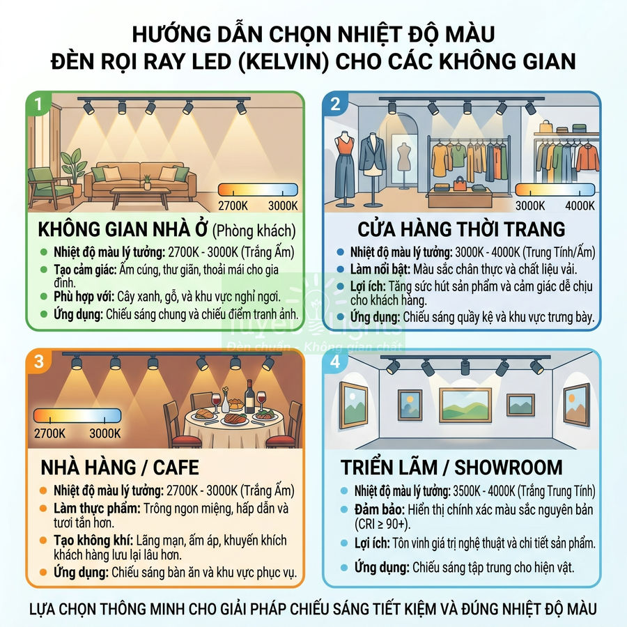 Hướng dẫn chọn nhiệt độ màu đèn rọi ray LED cho phòng khách, cửa hàng thời trang, nhà hàng và showroom