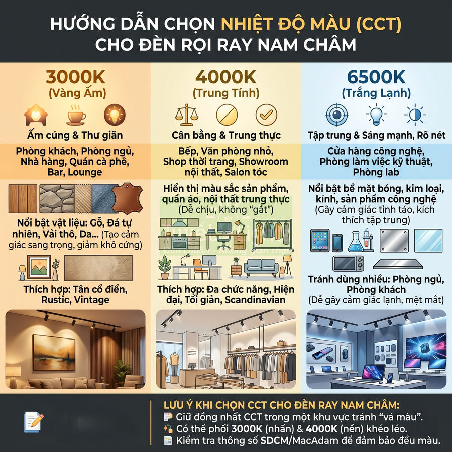 Hướng dẫn chọn nhiệt độ màu 3000K 4000K 6500K cho đèn rọi ray nam châm theo không gian sử dụng