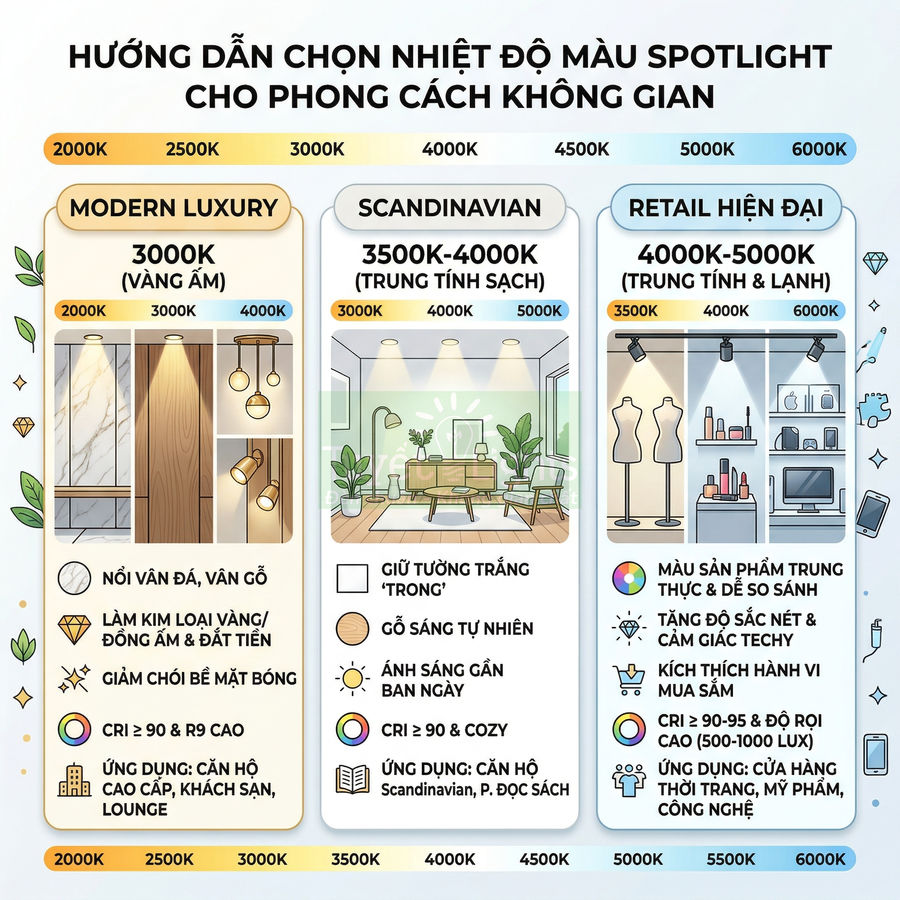 Hướng dẫn chọn nhiệt độ màu đèn spotlight cho phong cách nội thất modern luxury, Scandinavian và retail hiện đại