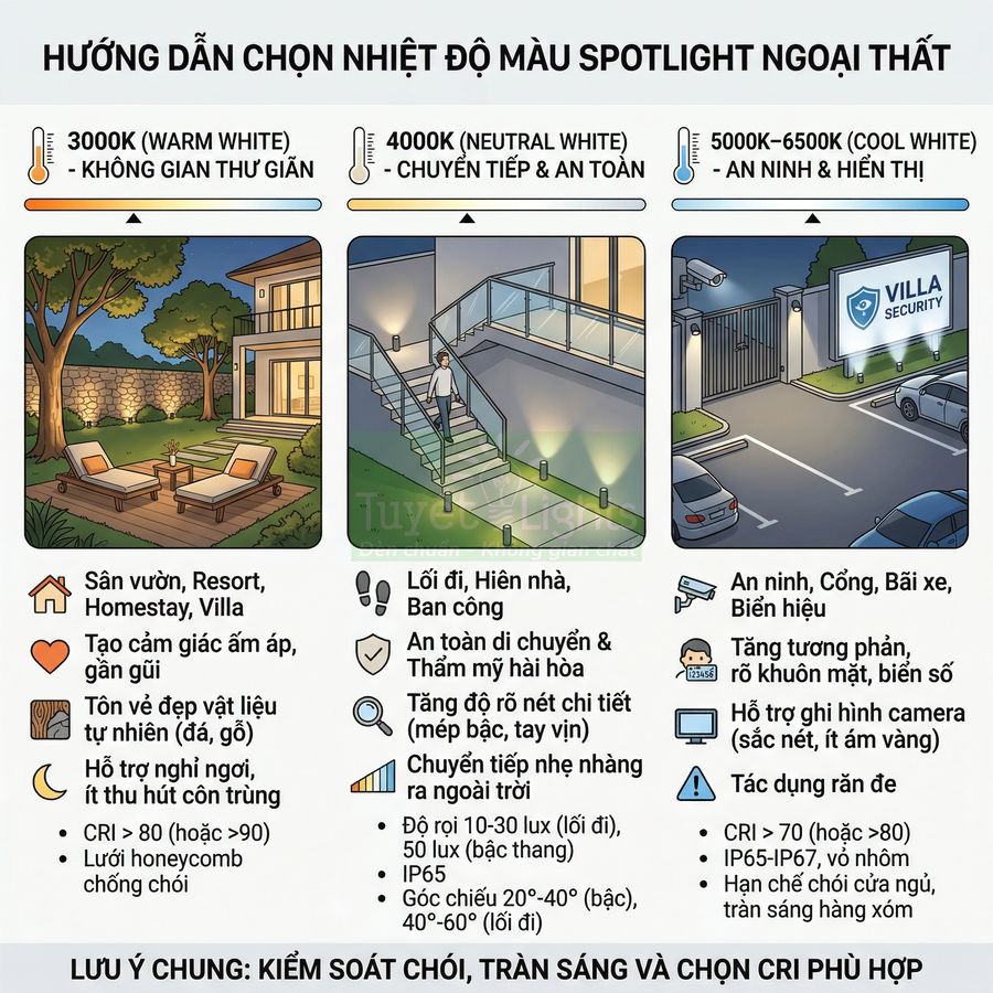 Hướng dẫn chọn nhiệt độ màu spotlight ngoài trời 3000K 4000K 6500K cho sân vườn lối đi và an ninh cổng bãi xe