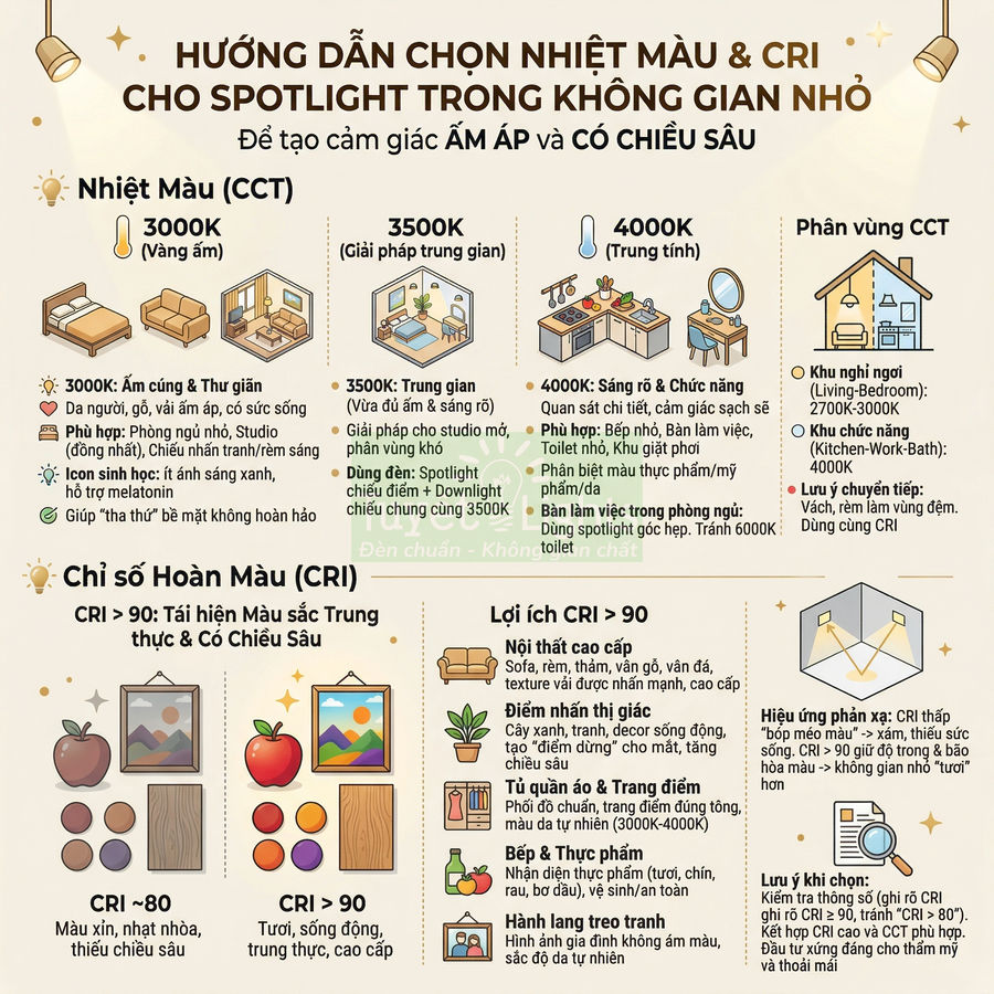 Hướng dẫn chọn nhiệt màu CCT và chỉ số hoàn màu CRI cho đèn spotlight trong không gian nhỏ, tạo cảm giác ấm áp và có chiều sâu