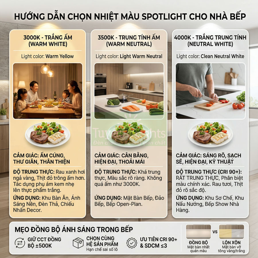 Hướng dẫn chọn nhiệt màu đèn spotlight cho nhà bếp với ví dụ ánh sáng 3000K 3500K 4000K và món ăn minh họa