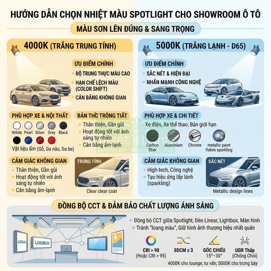 Hướng dẫn chọn nhiệt màu đèn spotlight 4000K và 5000K cho showroom trưng bày ô tô sang trọng