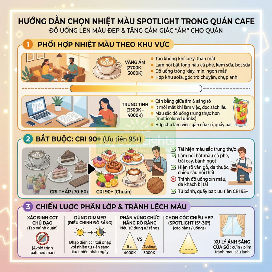Infographic hướng dẫn chọn nhiệt màu đèn spotlight trong quán cafe để làm nổi bật đồ uống và không gian ấm cúng