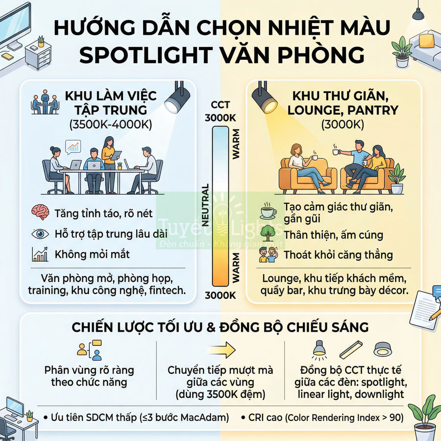 Hướng dẫn chọn nhiệt màu spotlight văn phòng cho khu làm việc tập trung và khu thư giãn