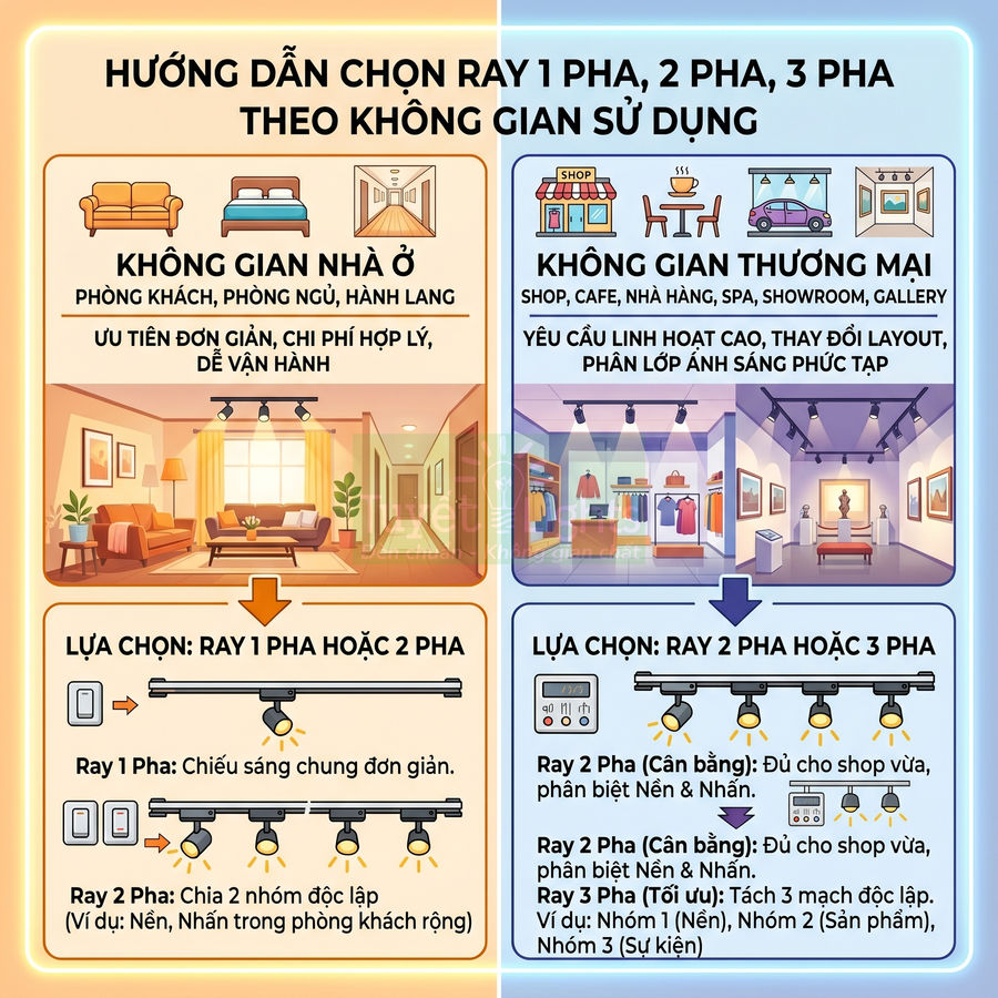 Hướng dẫn chọn ray đèn 1 pha 2 pha 3 pha cho nhà ở và không gian thương mại bằng hình minh họa