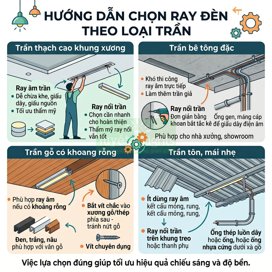 Hướng dẫn chọn ray đèn âm trần và ray nổi trần cho trần thạch cao, bê tông, trần gỗ, trần tôn mái nhẹ