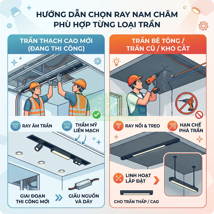 Hướng dẫn chọn ray đèn nam châm âm trần và ray nổi treo cho trần thạch cao, trần bê tông