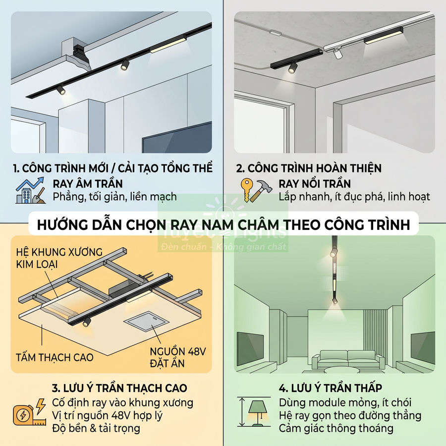 Hướng dẫn chọn ray nam châm cho trần nhà, các kiểu lắp ray âm trần và ray nổi trần cho từng loại công trình